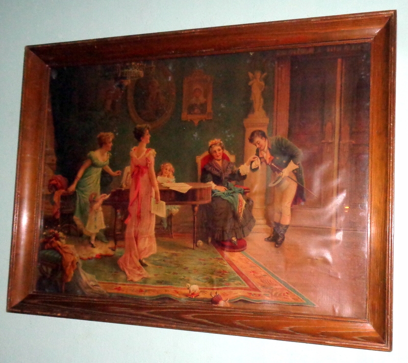 XIXw scenka rodzajowa w pałacu - stary oleodruk w ramie .