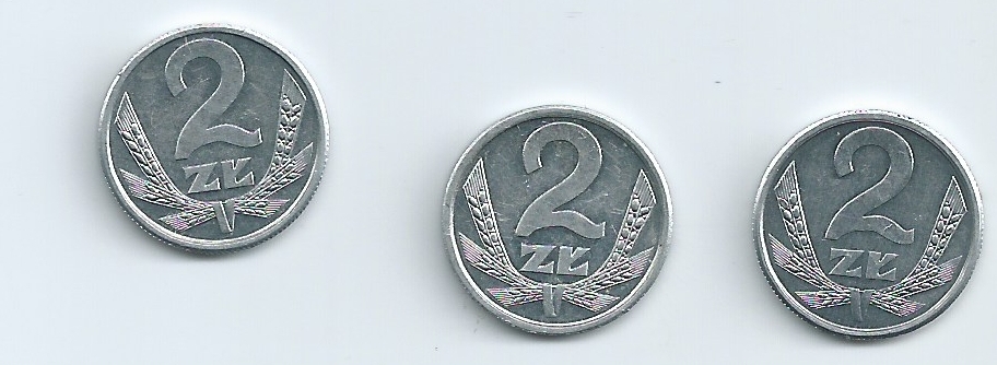 6 złotych drobnymi, czyli 3 dwuzłotówki z 1989 r.