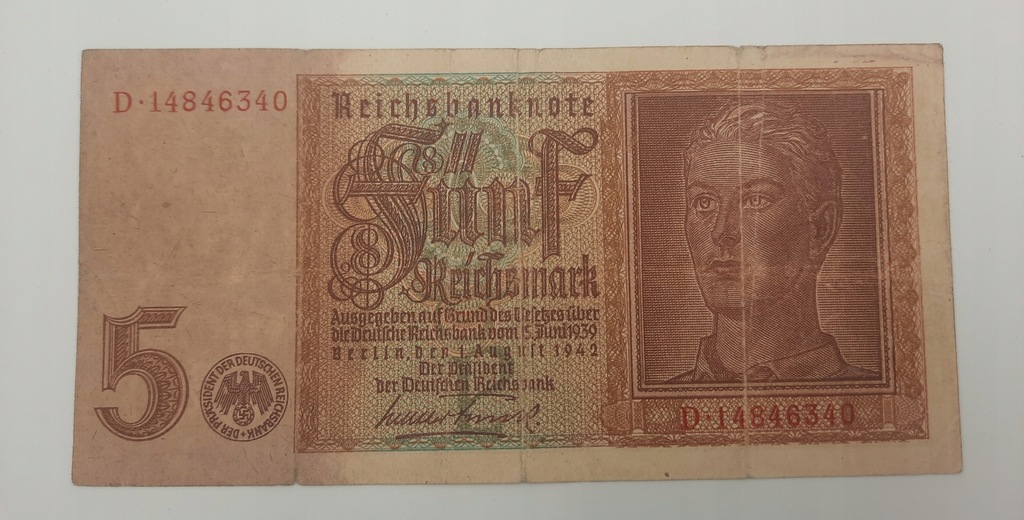 Banknot Niemcy 5 marek 1942 r.