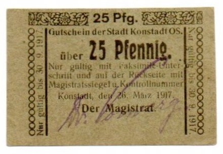 WOŁCZYN Konstadt 25 Pfg 26.3.1917. Stempel B