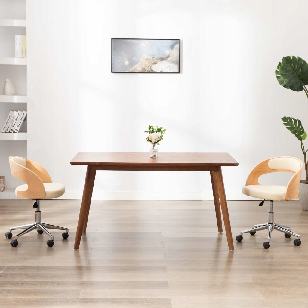 Obrotowe krzesło biurowe, kremowe, gięte drewno i