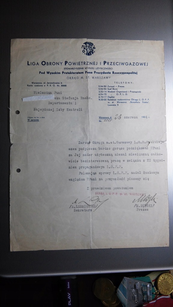 List dziękczynny LOPiP 1934 do NIK Dep. 1 RARYTAS