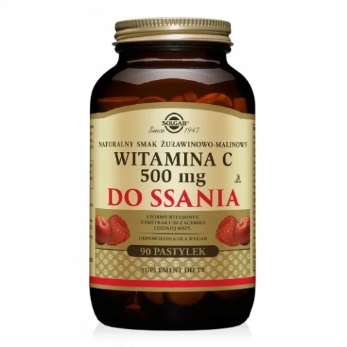 SOLGAR Witamina C 500 mg 90 pastylek o smaku żurawinowo-malinowym