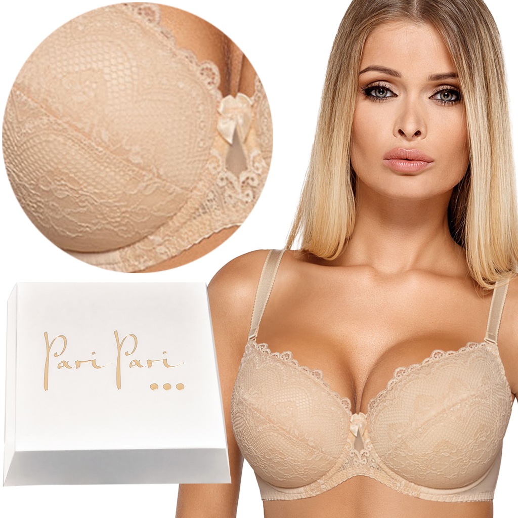 Biustonosz Push Up Polski Super Powiększający Wygodny Koronkowy Beżowy 70D