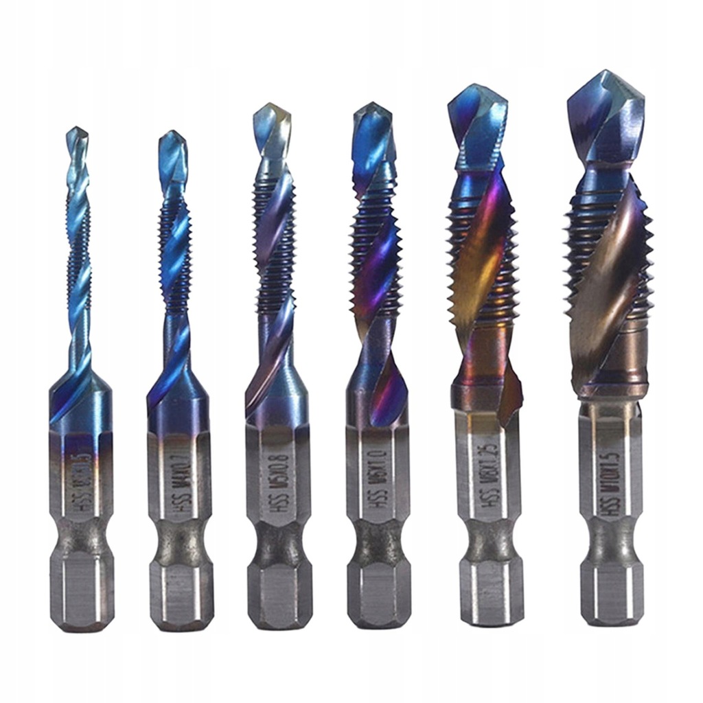 6x Combination Drill Tap Bit Blue Coated HSS Spiral Tap Drill Bit Hex Short