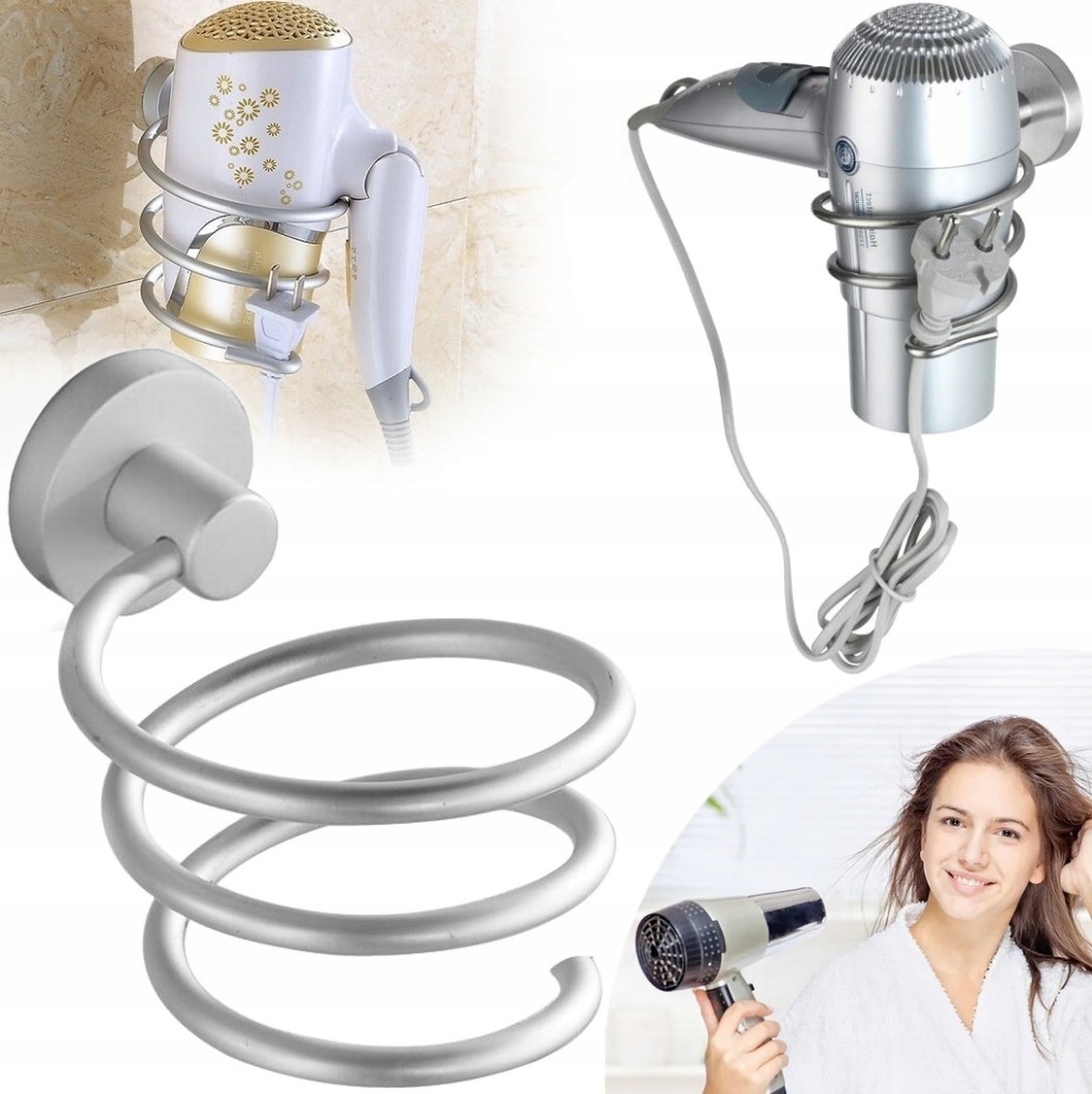 UCHWYT ŚCIENNY WIESZAK NA SUSZARKĘ DO WŁOSÓW SOLIDNY STABILNY DUŻY SREBRNY