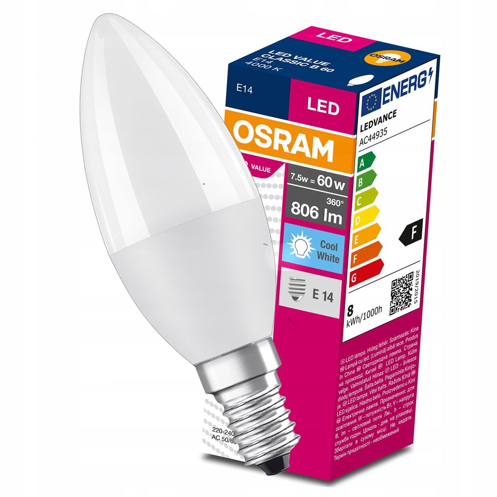 Żarówka LED E14 B39 7,5W = 60W 806lm 4000K Neutralna 200° OSRAM