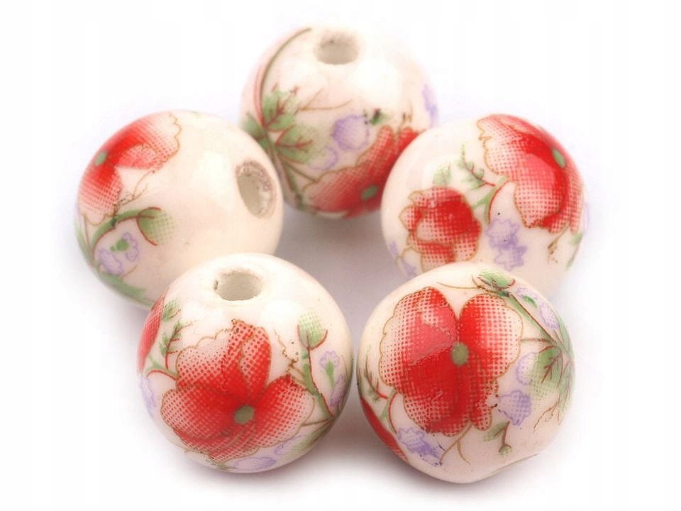 Koraliki porcelanowe Kwiaty 12mm biało-czerwone 5s