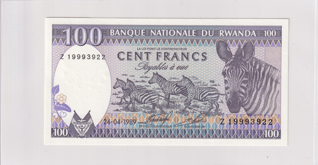 100 Franków Rwanda 1989 P#19 UNC Seria Zastępcza