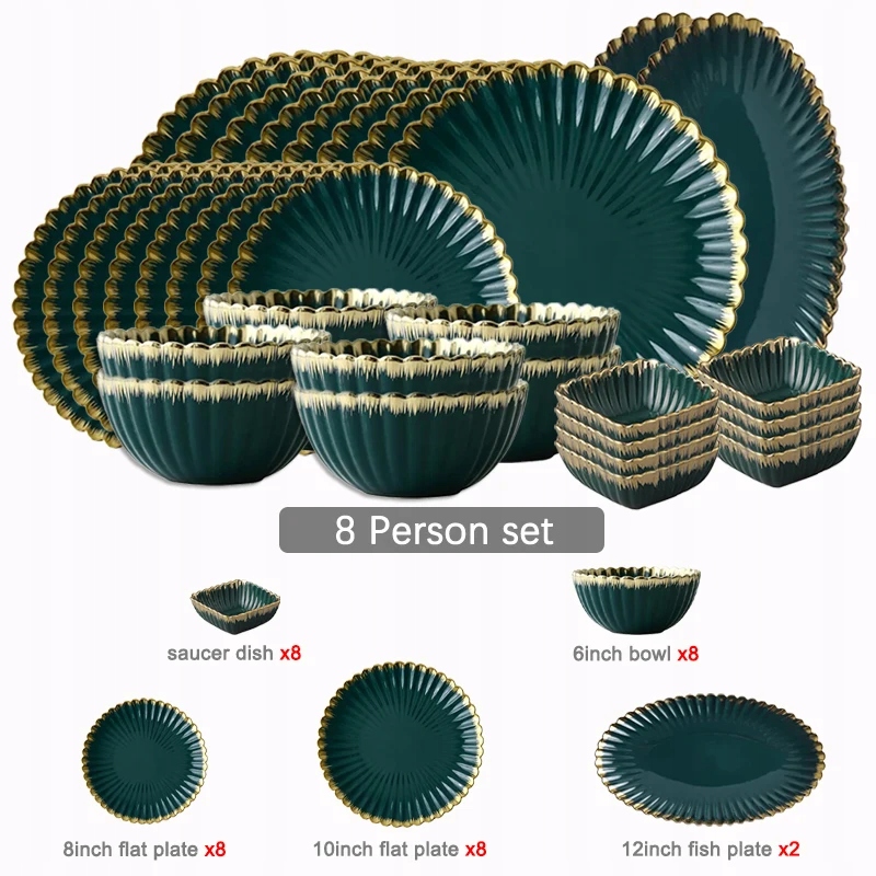 Zielony ceramiczny zestaw zastawy stołowej obiadow