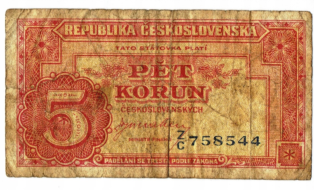 Banknot Czechosłowacja 5 koron