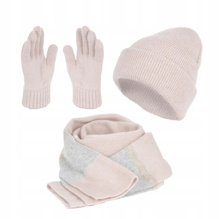 W477C Różowy komplet zimowy damski czapka szalik rękawiczki