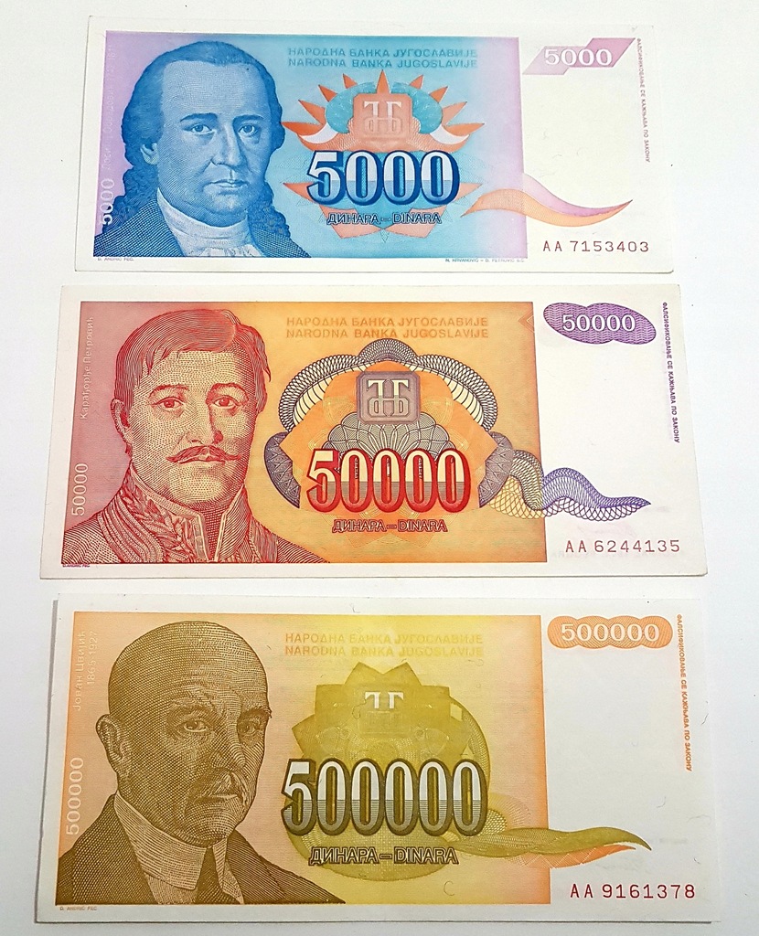 Jugosławia Zestaw banknotów Seria AA