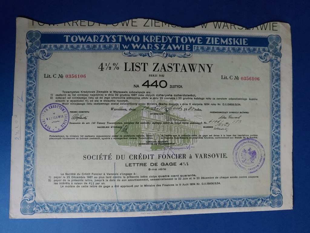 Warszawa TKZ list zastawny 440 zł ser 5-ej 1935 r
