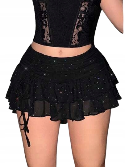 SHEIN CZARNA MINI SPÓDNICZKA Z FALBANĄ I MARSZCZENIAMI 38 1EA