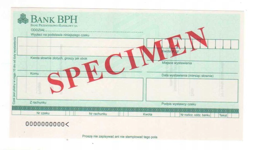 czek specimen Bank Przemysłowo Handlowy SA BPH2