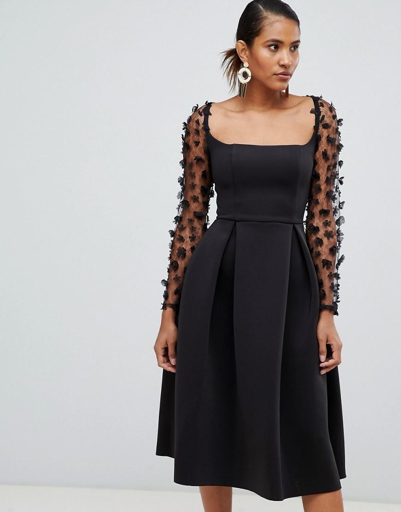 ASOS DESIGN__XDI CZARNA MIDI SUKIENKA KWIATY__XXS