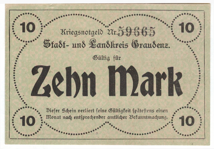 Banknot zastepczy-GRAUDENZ - GRUDZIADZ - 10 Mark - 1918