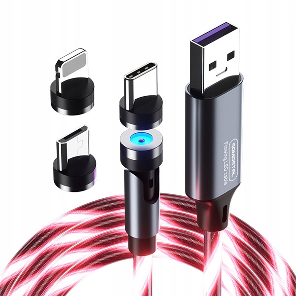 Kabel USB 3w 1 magnetyczny led Somostel czerwony szybkie ładowanie 1,2M