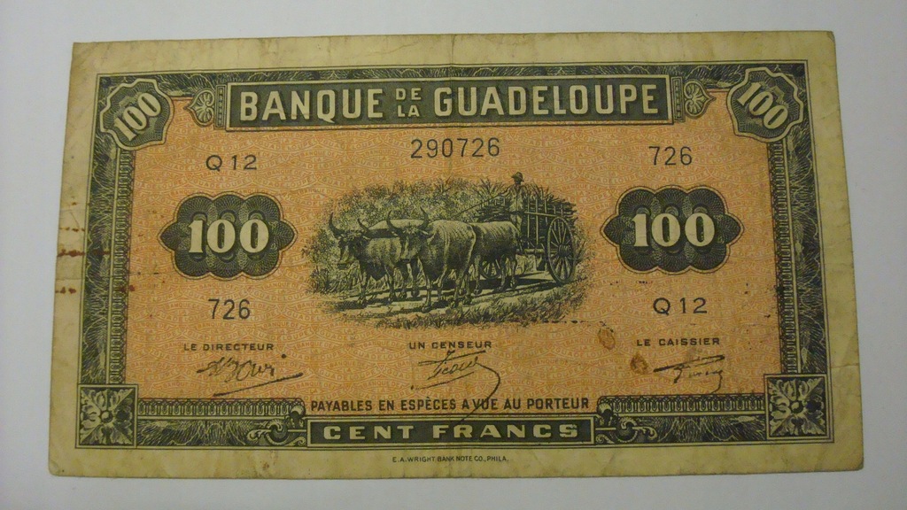 Banknot - Gujana Francuska Gaudeloupe 100 franków stan 3-