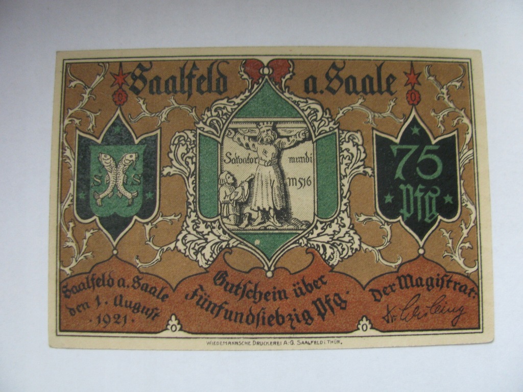 BANKNOT NOTGELD 75 PFENNIG 1921 SAALFELD #187