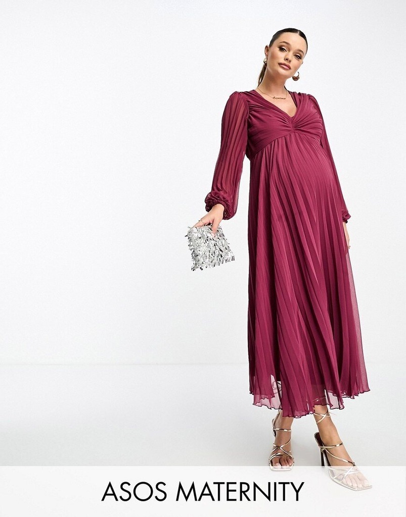 DESIGNex Maternity Czerwonobrunatna plisowana sukienka midi XS