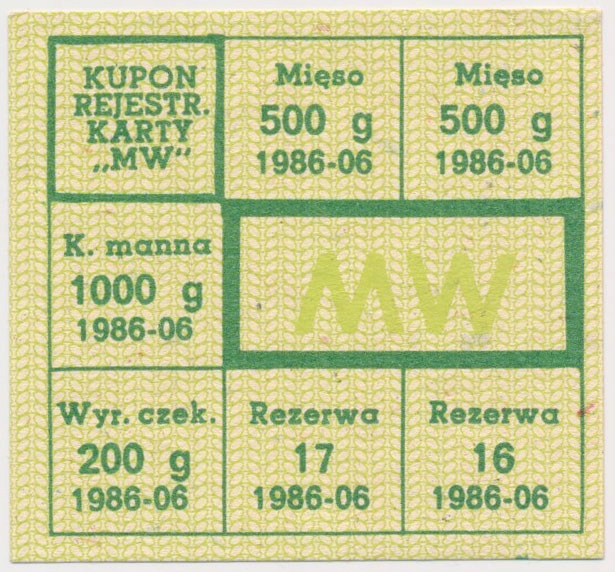 7783. Kartka żywnościowa, MW - 1986 czerwiec