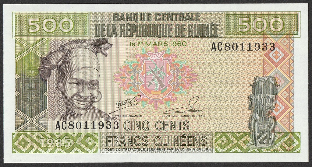 Gwinea - 500 franków - 1985 - stan UNC