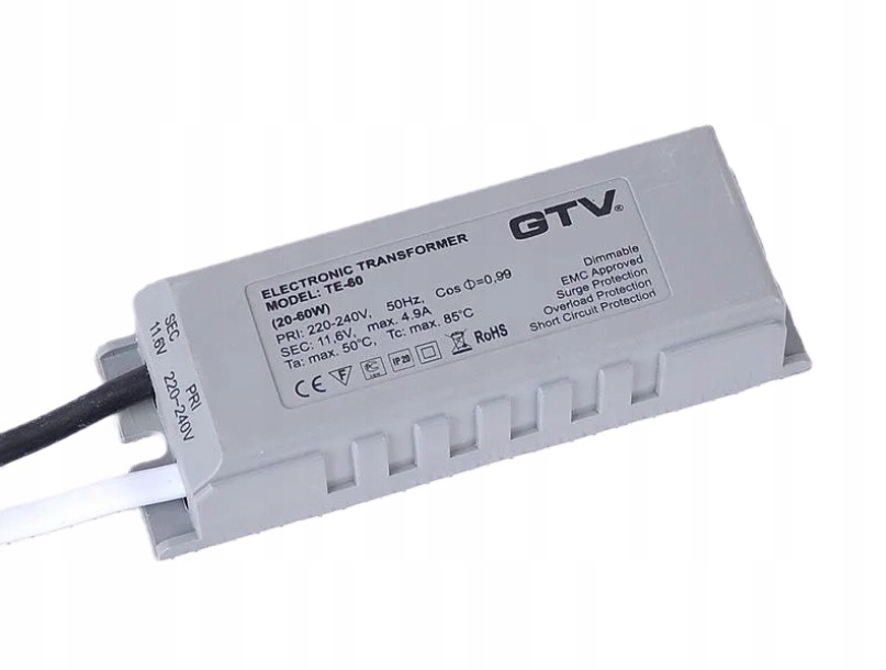 GTV Zasilacz Transformator elektroniczny 60W 12V z okablow. TE-600000-30Y