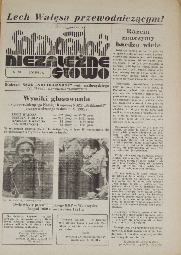 NIEZALEŻNE SŁOWO nr 38, Solidarność Wałbrzych 1981