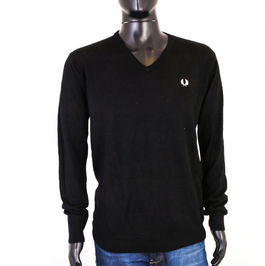 *S Fred Perry Sweter Męski V-Neck Bawełna Czarny L