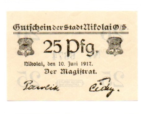 MIKOŁÓW Nikolai OS. Stadt 25 Pfennig 1917