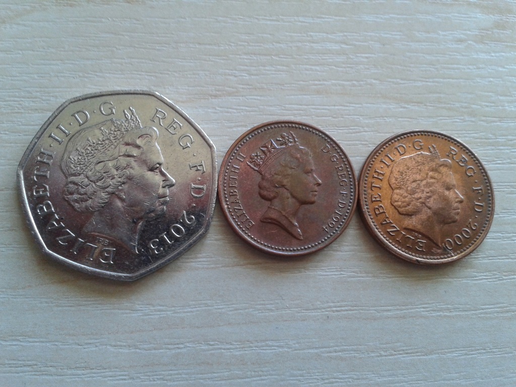 Monety - Fifty Pence 2013 One Penny 1994, 2000 UK
