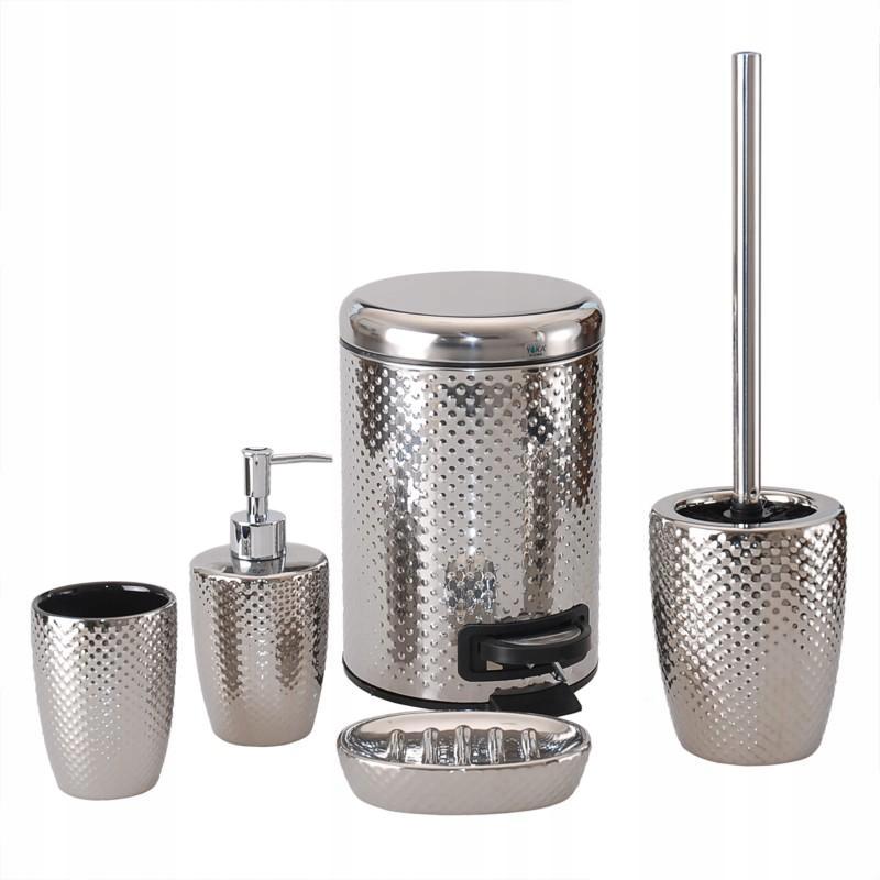 KOMPLET 5w1 do łazienki SREBRNY ceramika Glamour