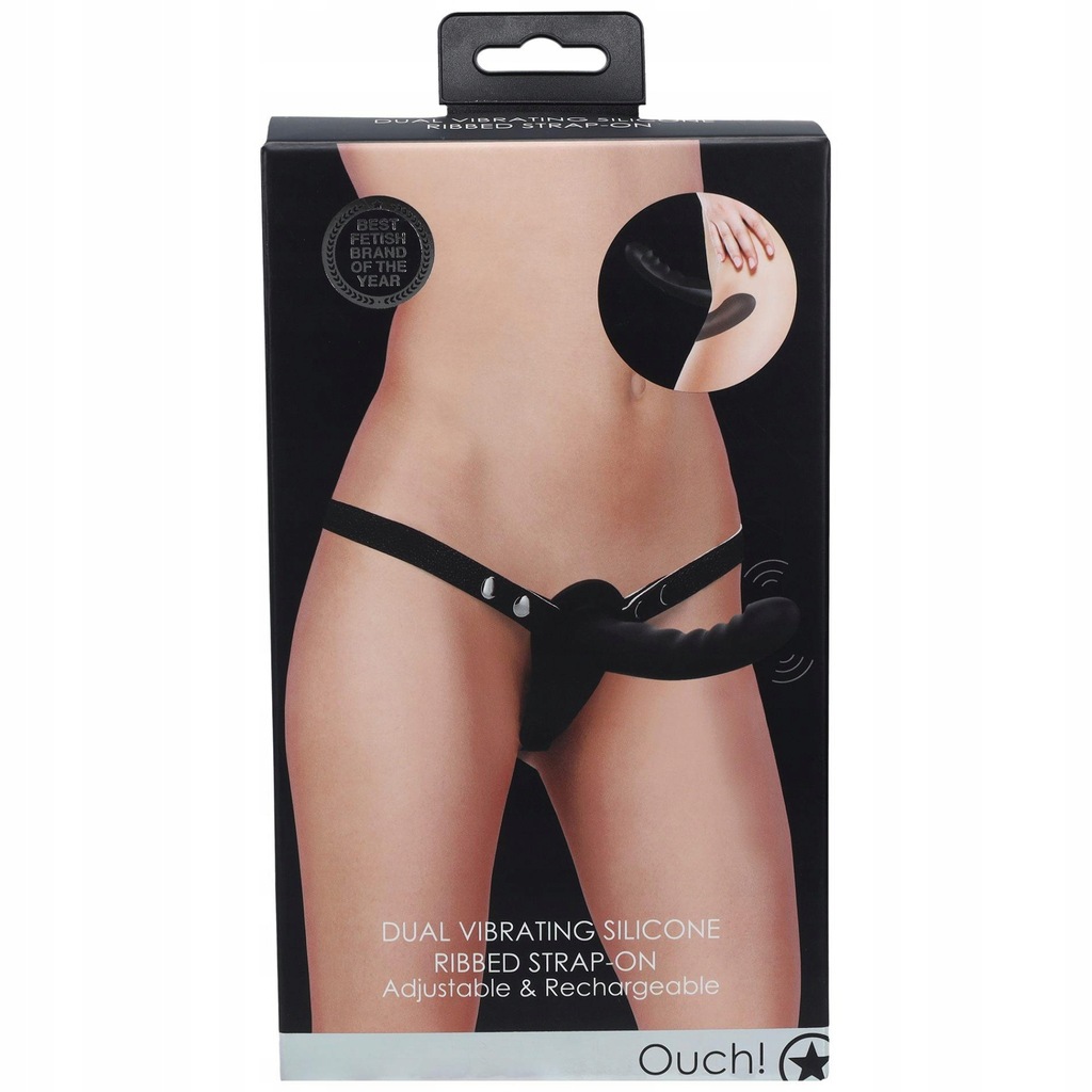 Ouch! - Dual Vibrating - Rechargeable - 10 Speed Silicone Ribbed Strap-On -