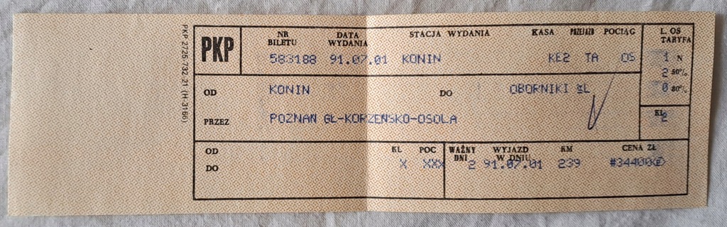BILET PKP Konin-Oborniki śl. 1991r.