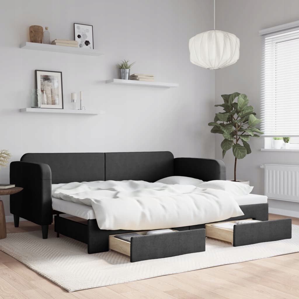 Sofa rozsuwana z szufladami, czarna, 80x200 cm, tkanina