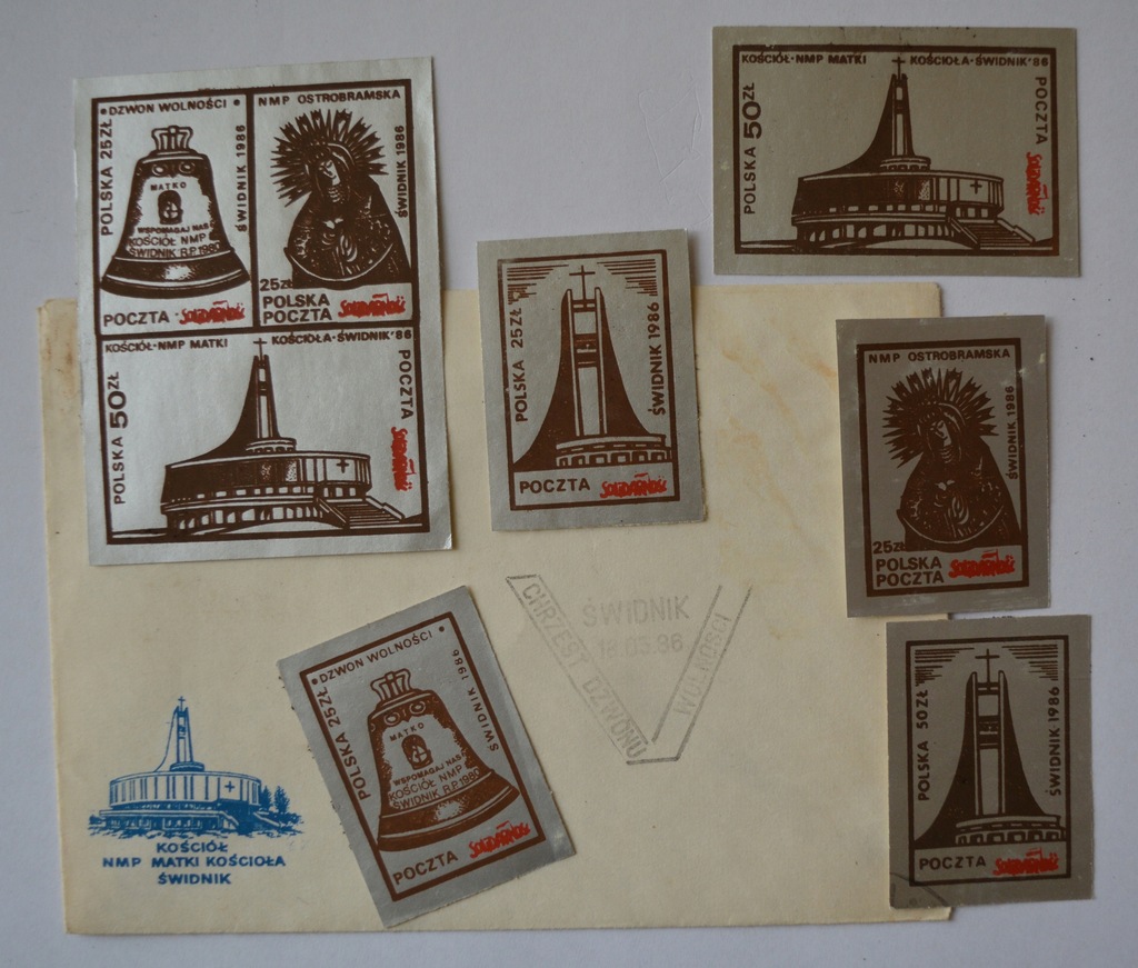 Solidarność zestaw 6 znaczków poczty podziemnej + koperta Świdnik