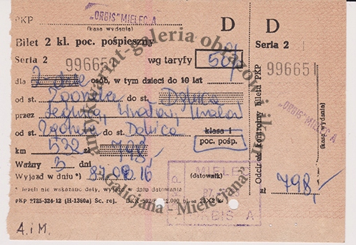 Bilet kolejowy Zgorzelec-Dębica Orbis Mielec 1987