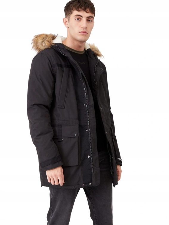 RIVER ISLAND CZARNA PARKA ZIMOWA FUTERKO M