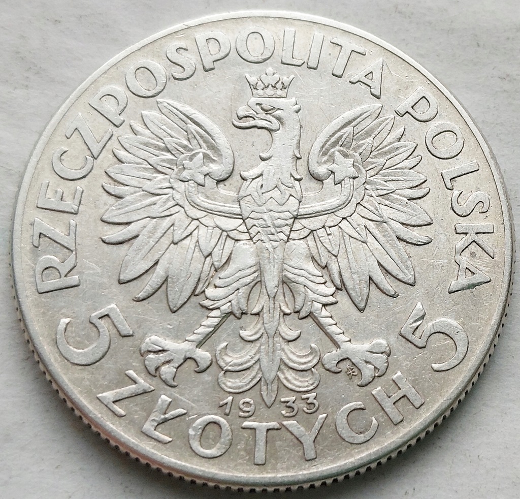 POLSKA - II RP : 5 złotych - GŁOWA KOBIETY - 1933 - srebro