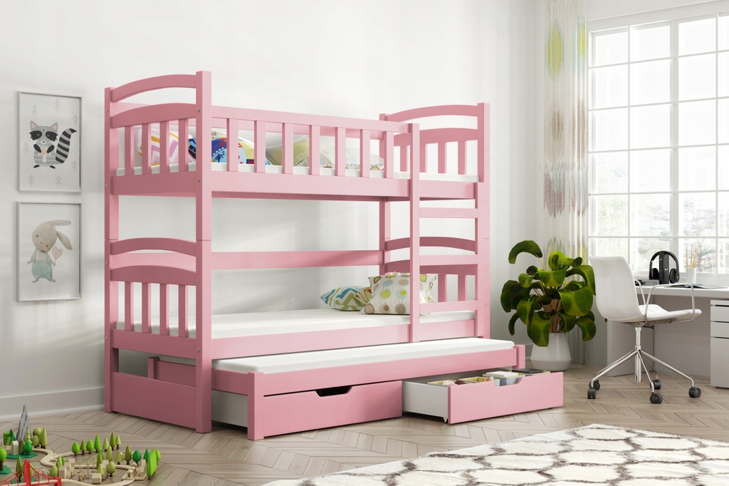 łóżko dziecięce DREWNIANE PIĘTROWE 3 osobowe DMINIK + MATERACE dziewczyny