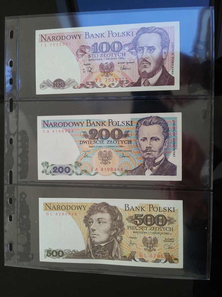 Okazja!!! 3 banknoty 100/200/500 zł. Zestaw.