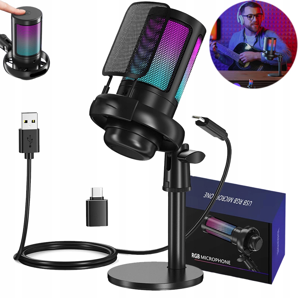 MIKROFON RGB GNIAZDO SŁUCHAWKOWE 3,5 MM DO GRAJ W GRY, TRANSMISJĘ NA ŻYWO