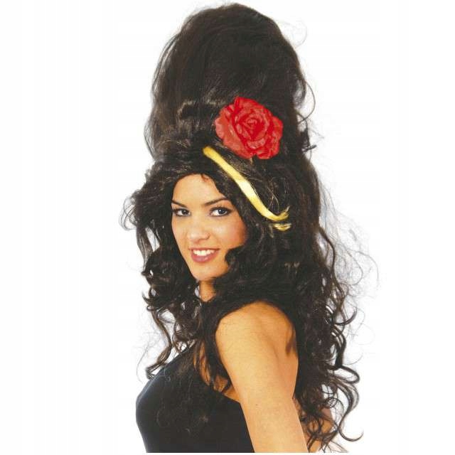 PERUKA czarne długie włosy AMY WINEHOUSE z kwiatem