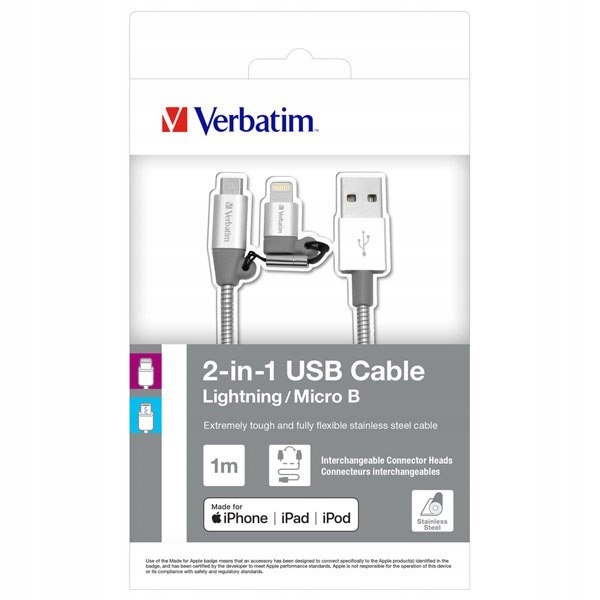 Verbatim USB kabel (2.0), USB A M - microUSB (M) + Apple Lightning (M), 1m,