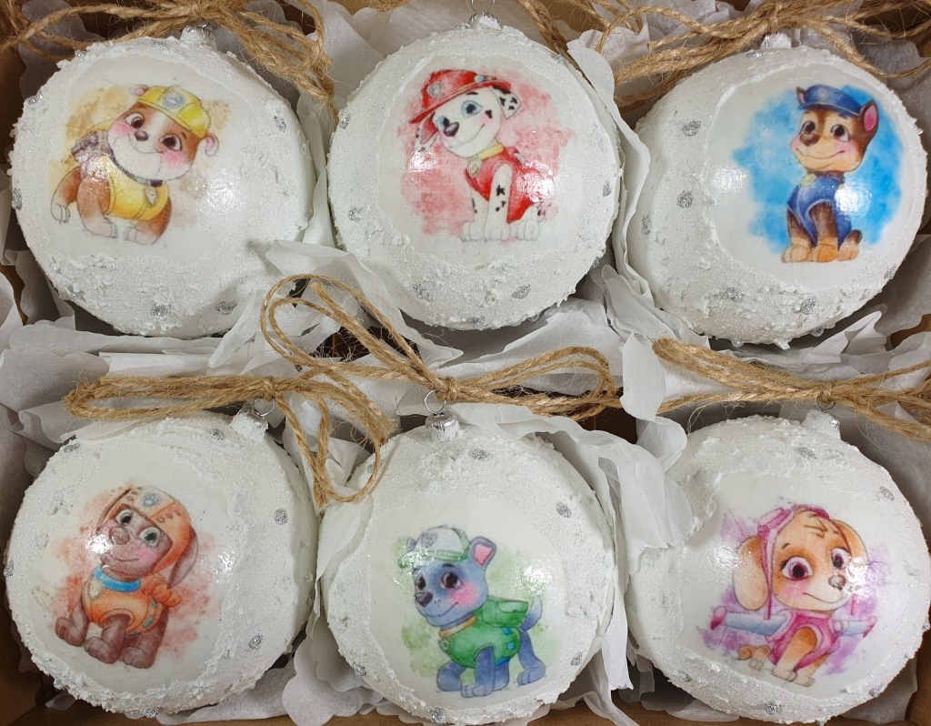 Bombki choinkowe śnieżki 80mm 8cm 6szt Psi Patrol bajkowe rękodzieło