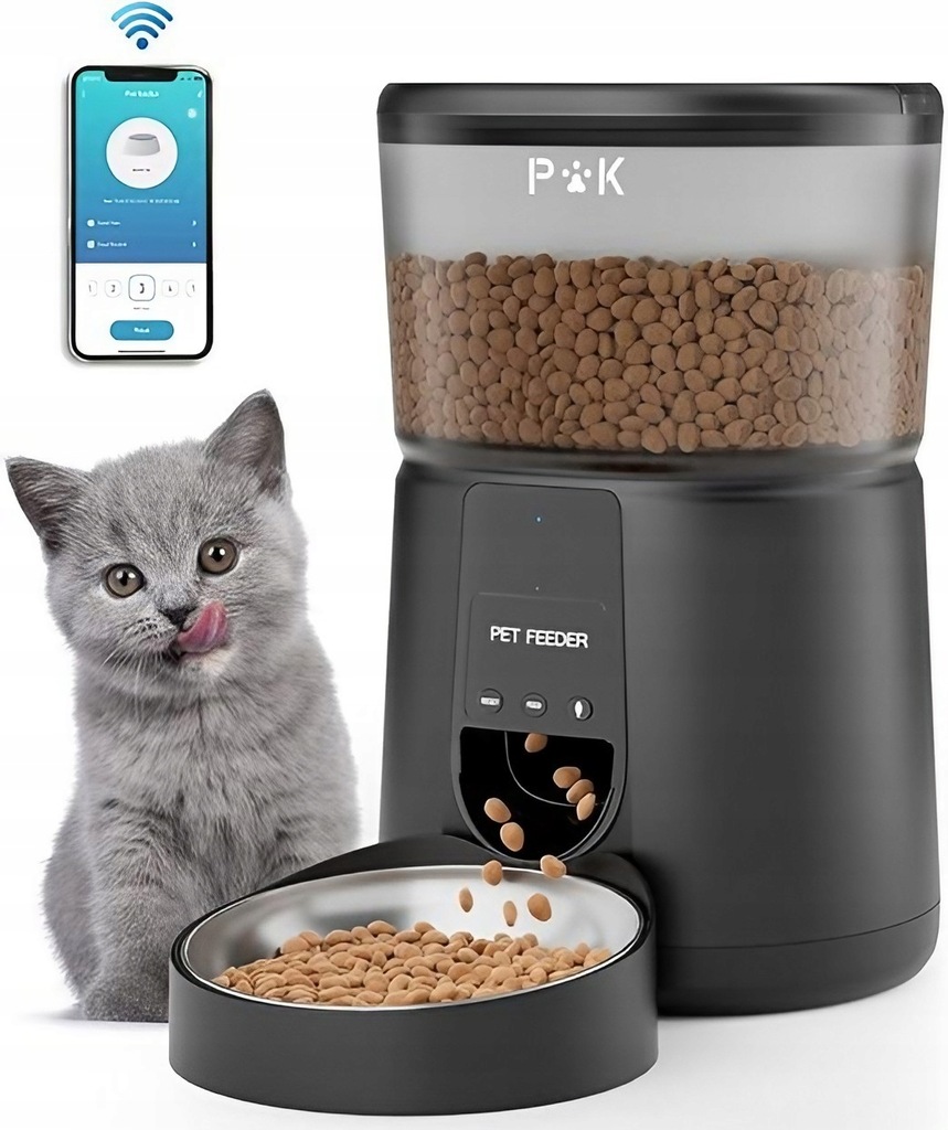 Automatyczny Dozownik Podajnik Karmy Z Aplikacją PUPPYKITTY 4l Czarny Miska