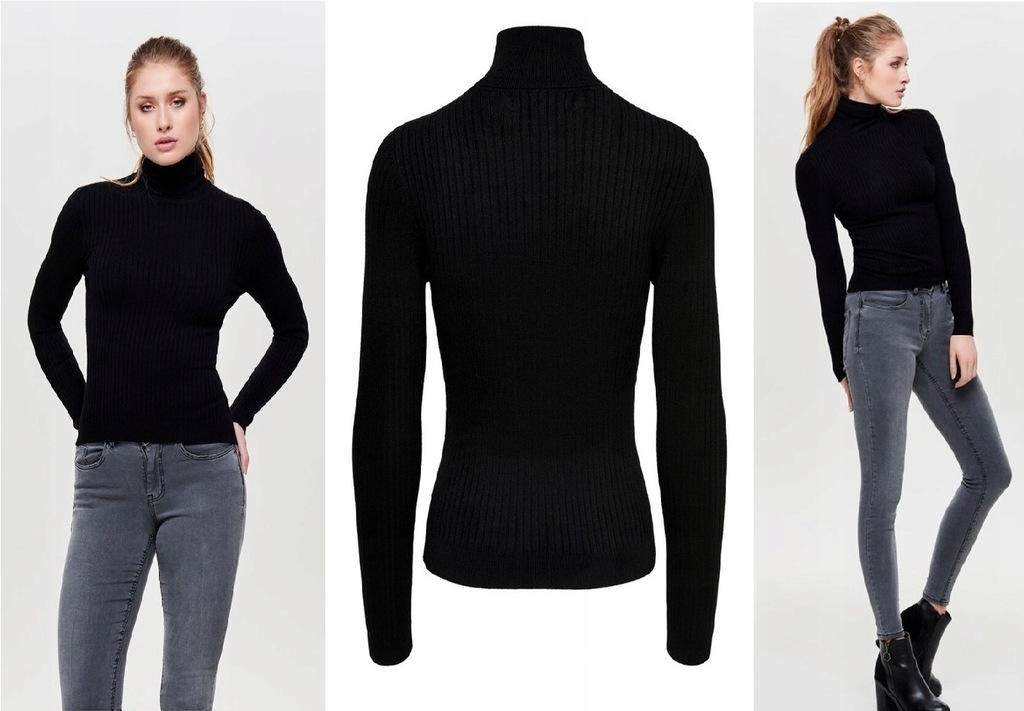 LYCRA ONLY by DUPONT czarny prążkowany golf sweter