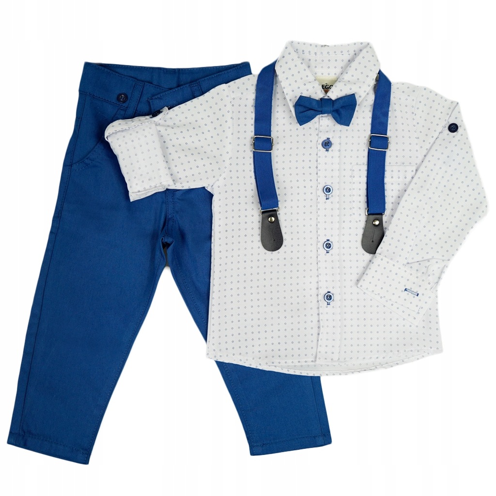 KOMPLET WIZYTOWY niebieski koszula kółka spodnie szelki 110 garnitur
